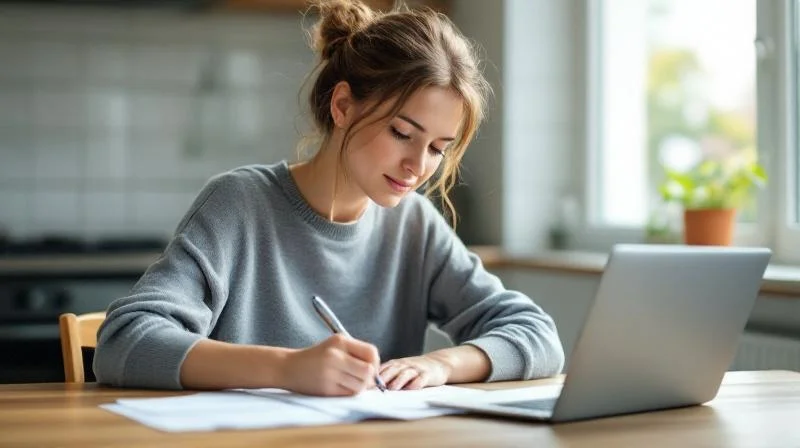 Frau fuellt Formulare am Schreibtisch in einem hellen Raum in Trier aus