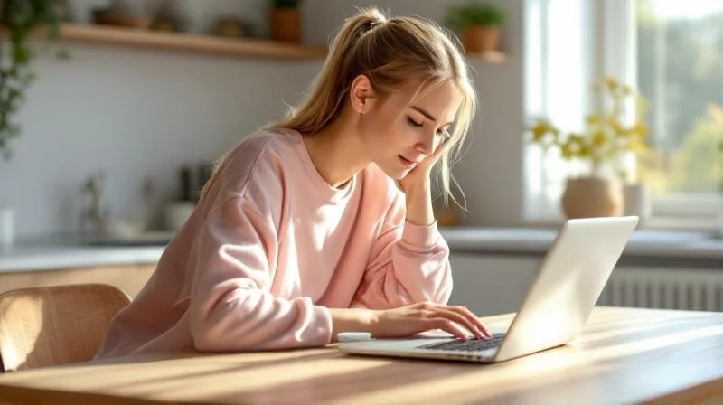 Junge Frau lernt am Laptop in einer modernen Wohnung in Trier