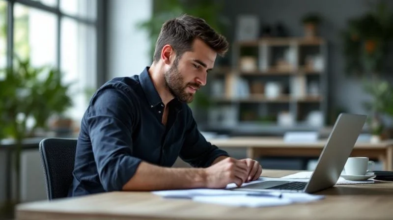 Mann sitzt am Schreibtisch und recherchiert Karriereoptionen am Laptop in einem modernen Buero in Trier