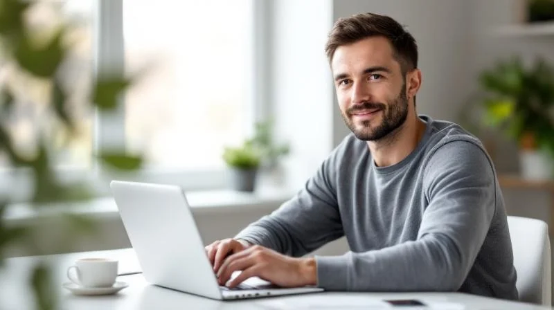 Mann arbeitet konzentriert am Laptop in einem modernen Buero in Trier