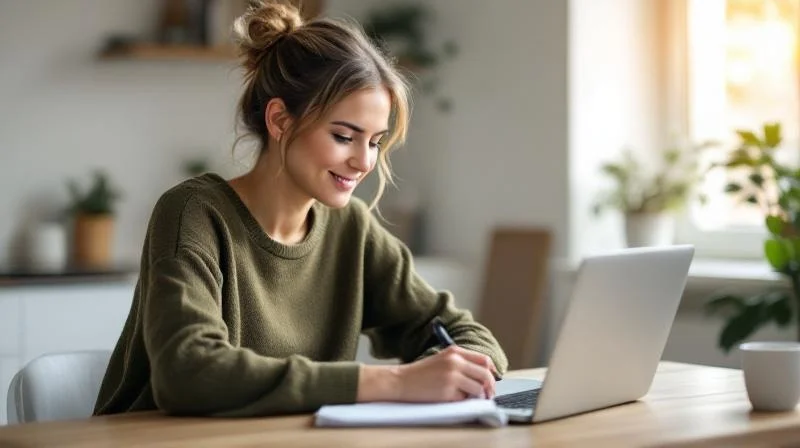 Frau lernt konzentriert am Laptop in einem hellen Raum in Trier